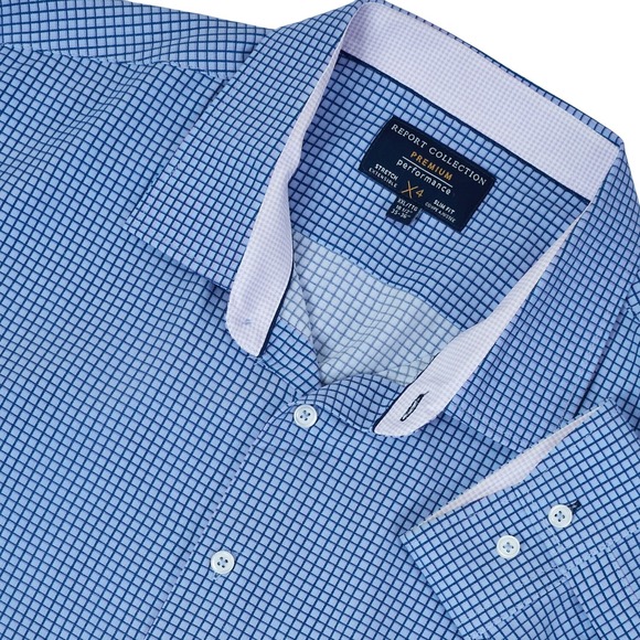Report Collection Premium Performance Mens Dress Shirt XXL Slim Fit Blue Check - Picture 1 of 13